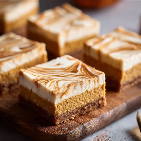 Pumpkin spice cheesecake bars on a wooden cutting board.