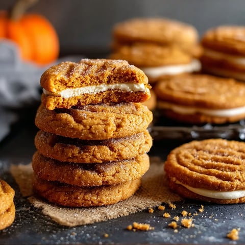 Pumpkin cheesecake cookies stacked on a table.