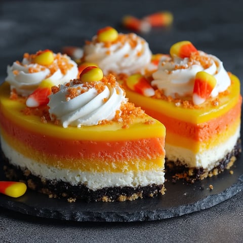 A slice of candy corn cheesecake.