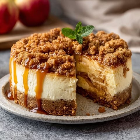 A slice of delicious apple crumble cheesecake.