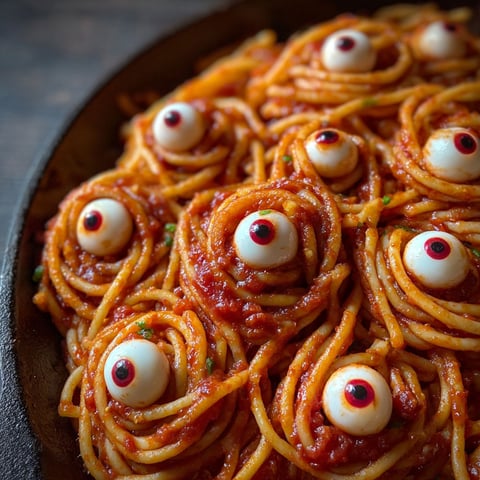 A plate of spaghetti with red sauce and mozzarella cheese shaped like eyeballs.