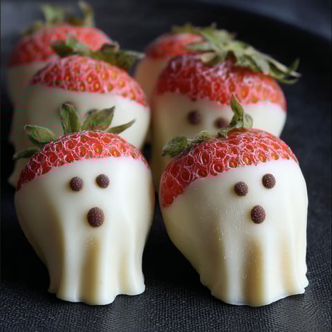 White chocolate strawberry ghosts on a black plate.