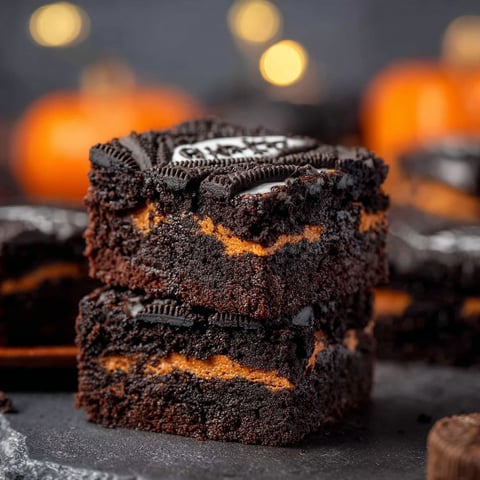 A close up of a chocolate brownie with Oreo cookies on top.