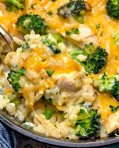 A close up of a cheesy chicken broccoli rice casserole.