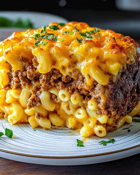 A close up of a delicious mac and cheese meatloaf casserole.