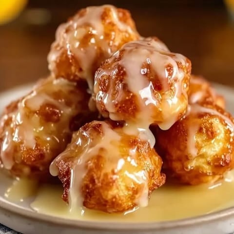 A plate of cinnamon glazed apple fritter bites.