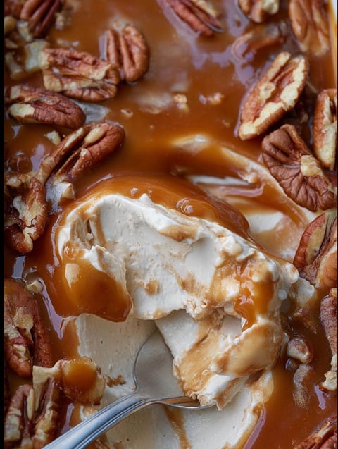 A close up of a caramel apple cheesecake dip.
