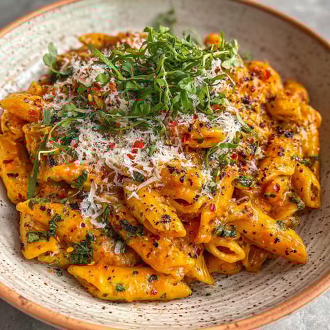 A bowl of pasta with cheese and herbs on top.