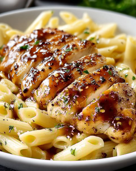 A plate of pasta with chicken .