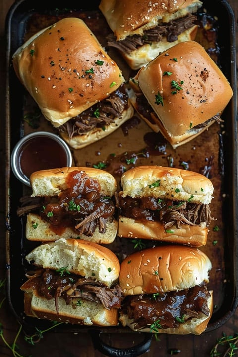 A tray of beef sliders with sauce.