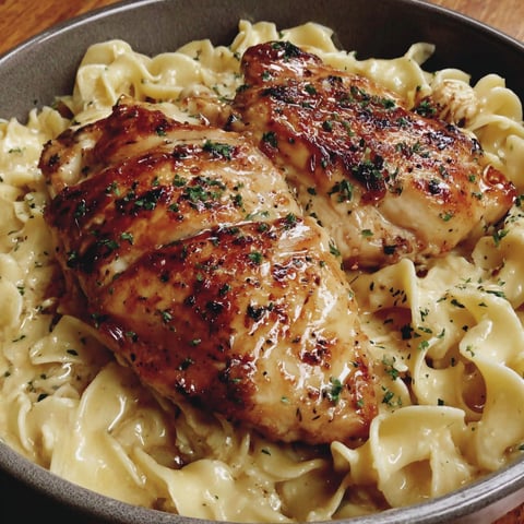A plate of chicken and noodles.