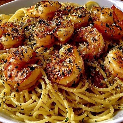 A plate of garlic shrimp pasta with butter.