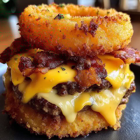 A loaded turkey bacon cheeseburger with onion rings.