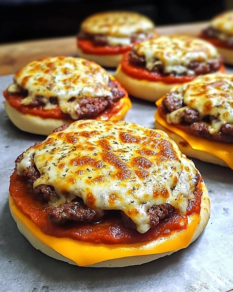 A close up of a cheese burger with tomato sauce.