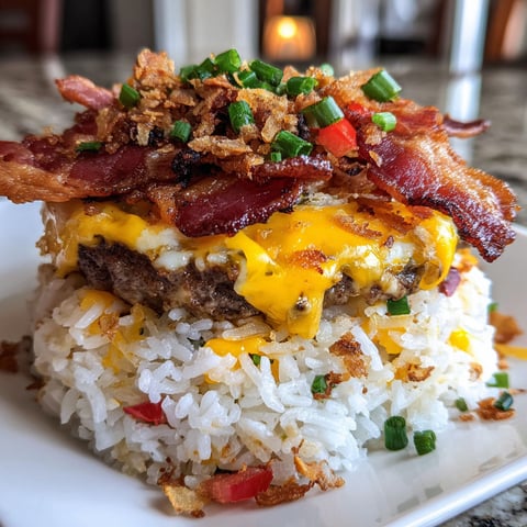 A plate of food with rice and bacon.