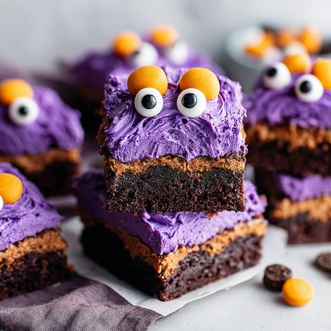 A close up of a chocolate and purple monster mash brownie.