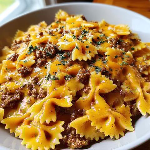 A bowl of creamy velveeta beef pasta with bowtie noodles.