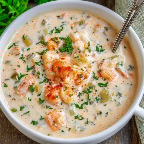 A bowl of soup with shrimp and crab in it.