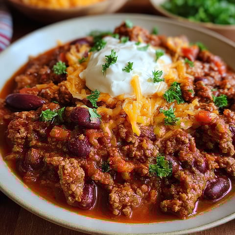 A bowl of chili with a dollop of sour cream on top.