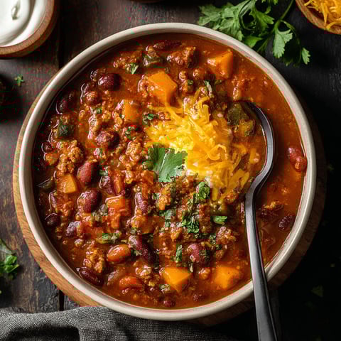 A bowl of chili with a spoon in it.