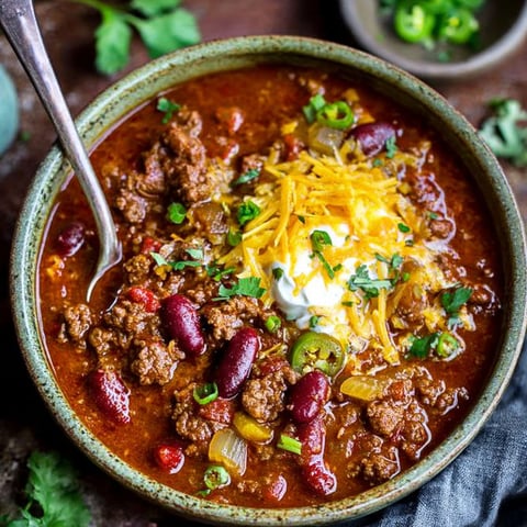 A bowl of chili with cheese and jalapenos.