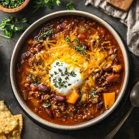 A bowl of pumpkin chili with a dollop of sour cream on top.