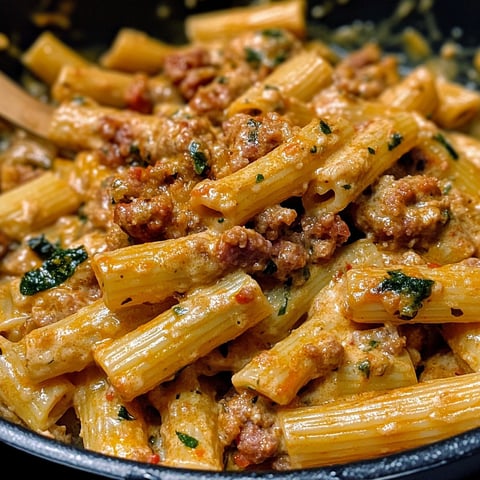 A bowl of rigatoni with sausage and cream.