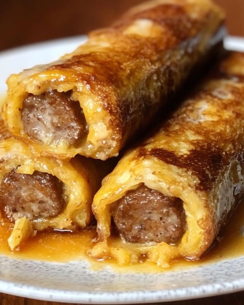A plate of sausage French toast roll-ups.