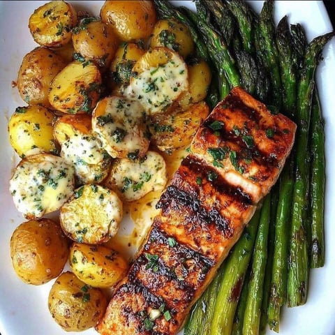 A plate of food with salmon, potatoes and asparagus.