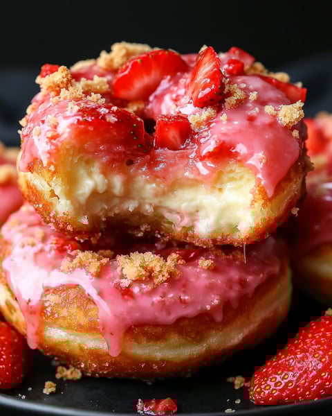 A close up of a strawberry cheesecake stuffed donut.
