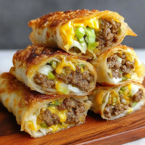 A stack of cheeseburger egg rolls.