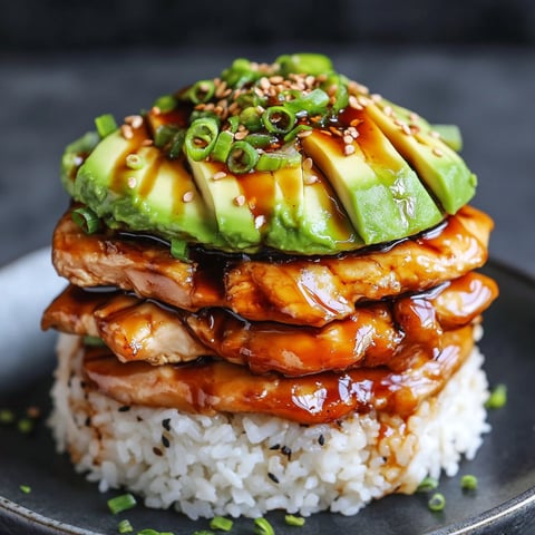 A stack of teriyaki chicken, avocado, and rice.