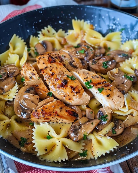 A bowl of grilled chicken Marsala and Farfalle.