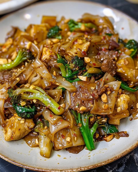 A plate of Pad See Ew with broccoli and meat.
