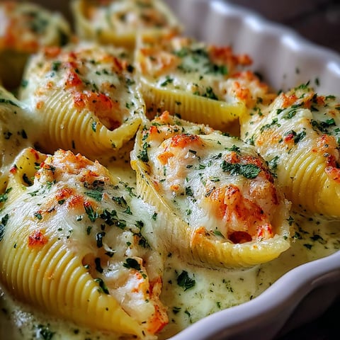A plate of creamy and flavor-packed seafood stuffed shells.