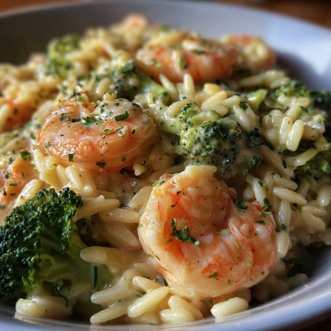 A bowl of creamy orzo with shrimp and broccoli.