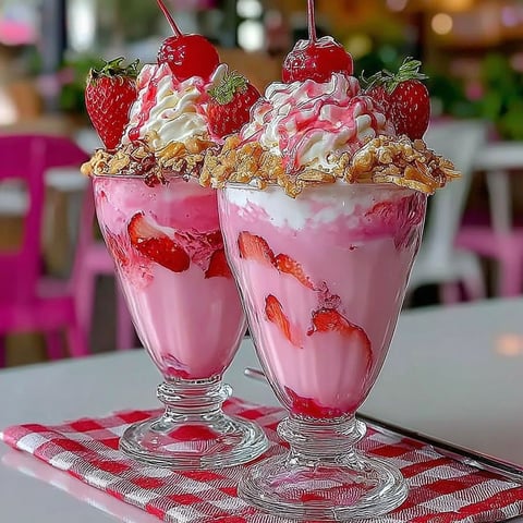 Two pink paradise freakshakes with strawberries and whipped cream.