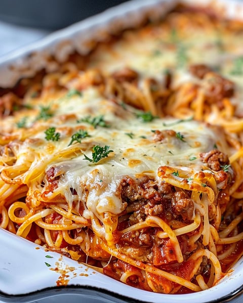 A delicious looking Million Dollar Spaghetti Casserole.