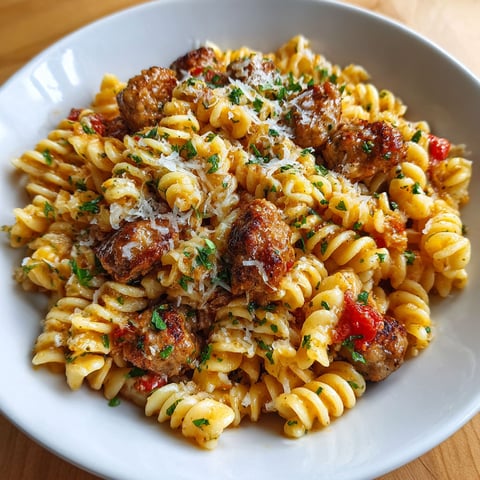 A plate of spicy rotini pasta with sausage in a garlic parmesan sauce.