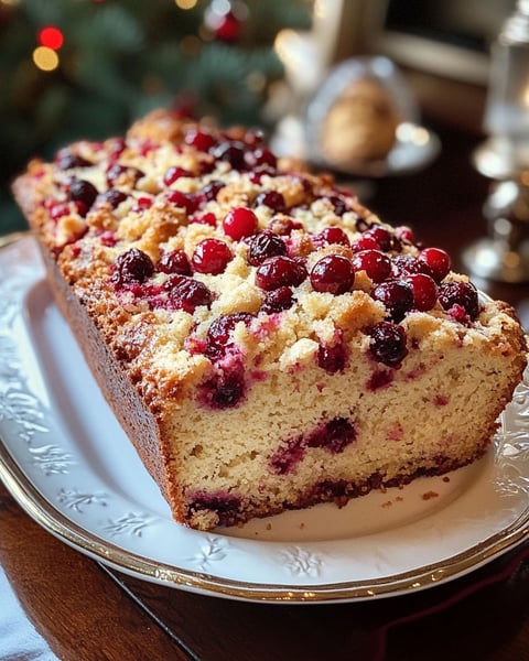 A slice of cranberry loaf on a plate.