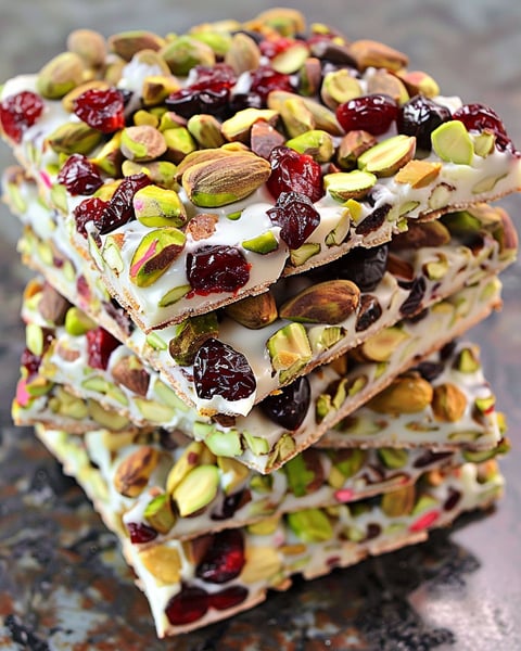 A stack of pistachio cranberry bark.