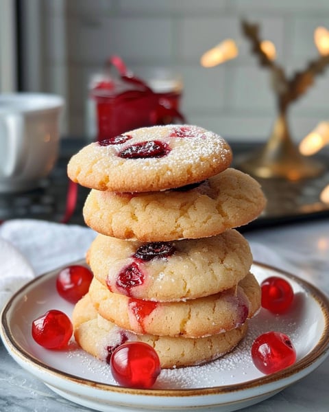 A stack of shortbread cookies with maraschino cherries on top.