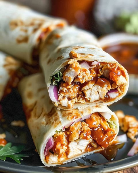 A close up of a crispy BBQ chicken wrap.