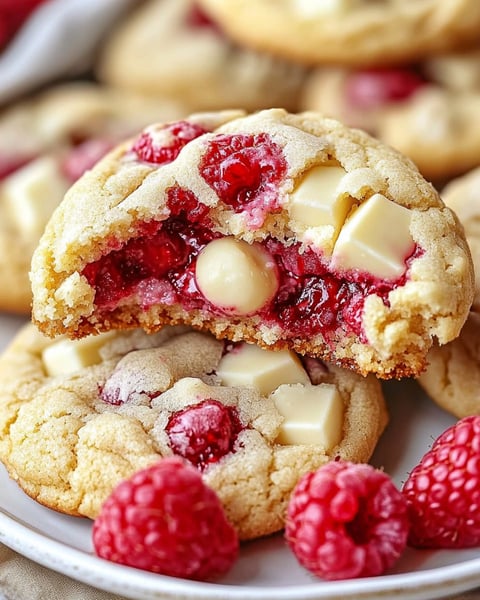 A close up of a white chocolate and raspberry cookie.