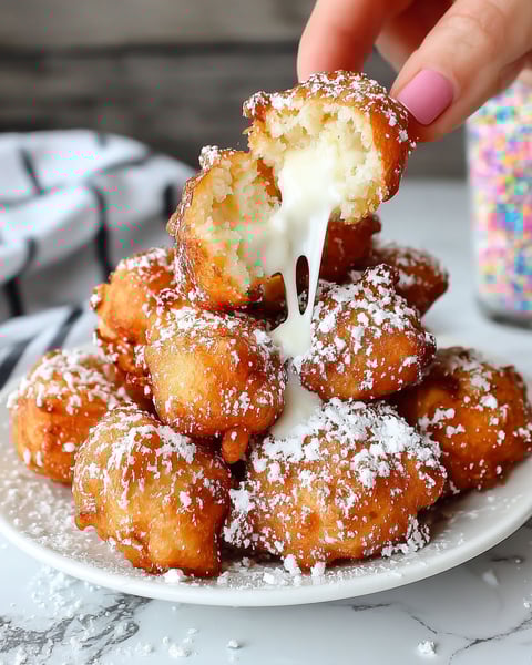 A hand is dipping a funnel cake bite into a container of powdered sugar.