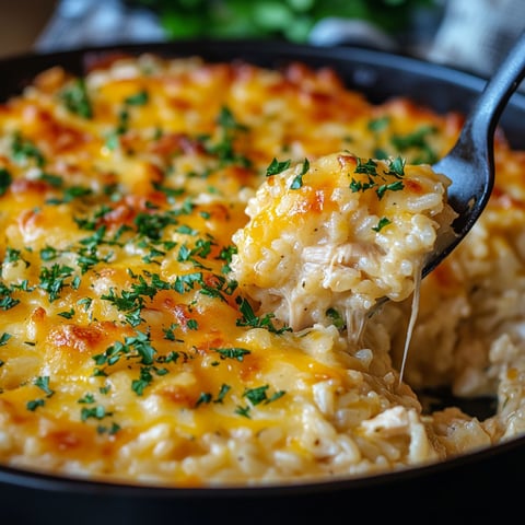 A close up of a cheesy chicken and rice casserole.