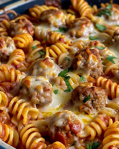 A cheesy meatball rotini with a lot of cheese.