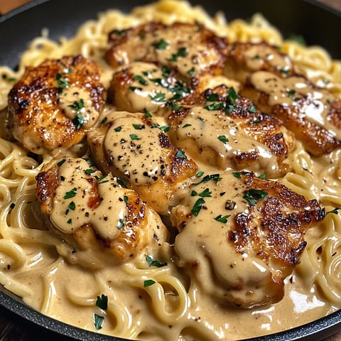 A plate of chicken with creamy garlic butter and noodles.