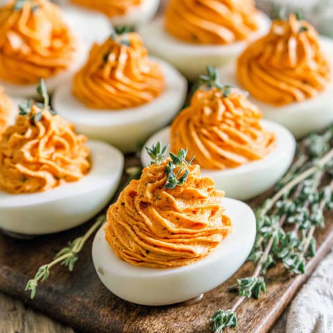 A plate of deviled eggs with orange sauce.
