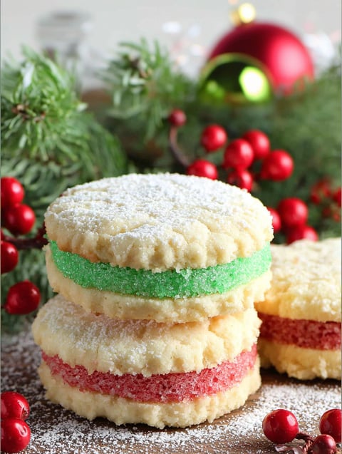 Three stacked shortbread cookies with green, red and white frosting.